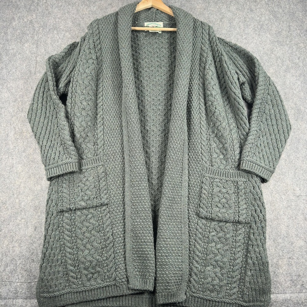 Aran Crafts Sweater Womens Medium Green Merino Shawl Collar Cable Knit Irish